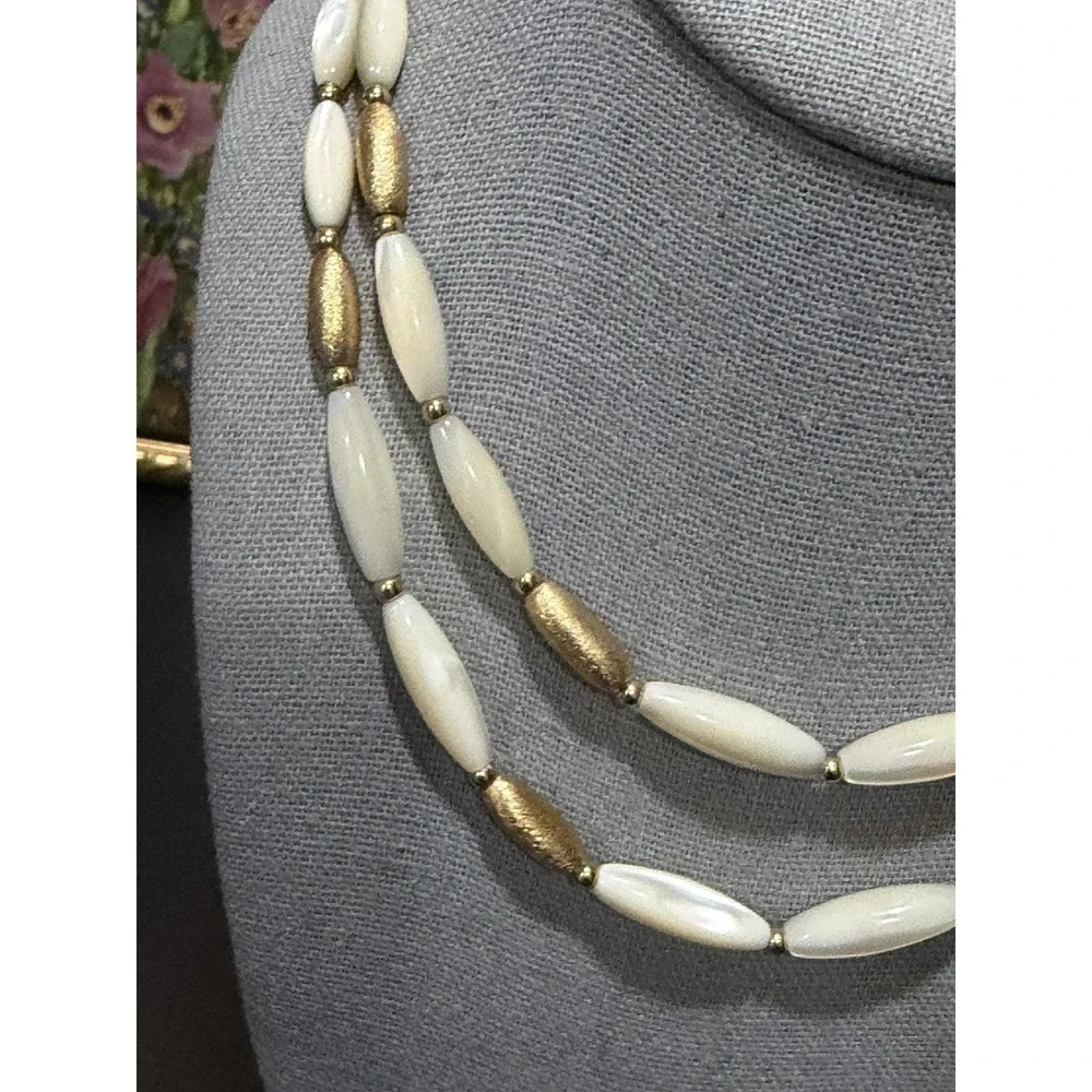 Vintage Napier‎ Double Strand Oblong Mother of Pearl Gold Tone Beded Necklace